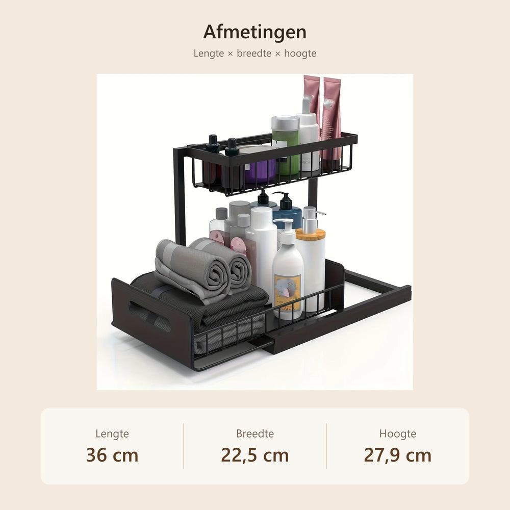 Afmetingen van de organizer: 36 cm lang, 22,5 cm breed, 27,9 cm hoog