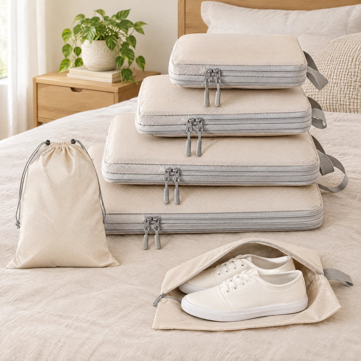 Beige packing cubes set 6-delig op een bed: vier compressiecubes, een zak met trekkoord en een schoenentas