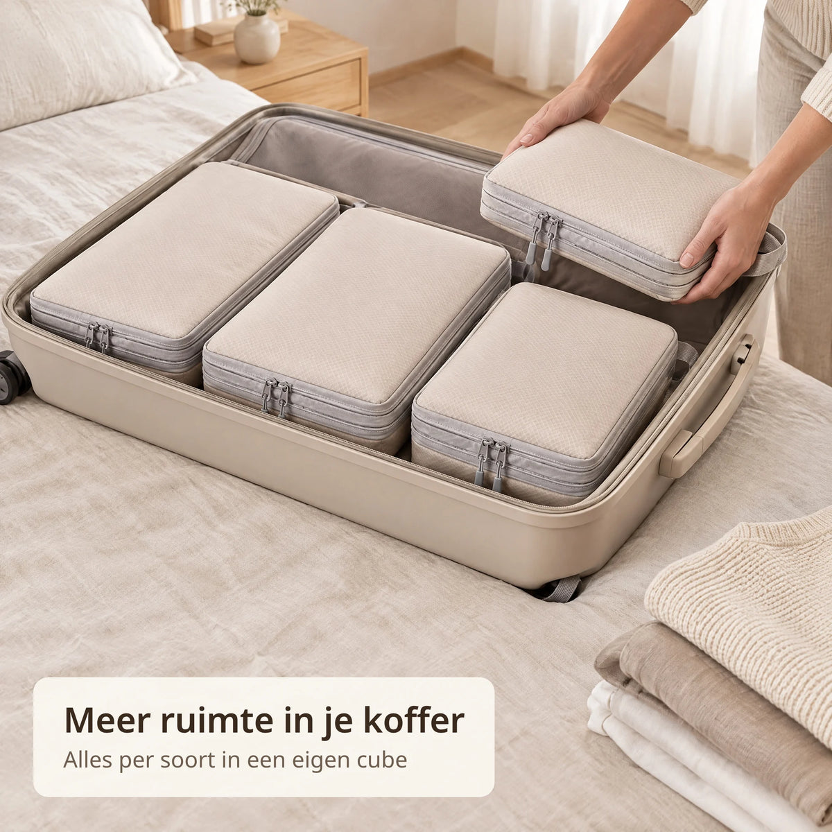 Handen leggen een beige packing cube naast drie andere cubes in een open koffer
