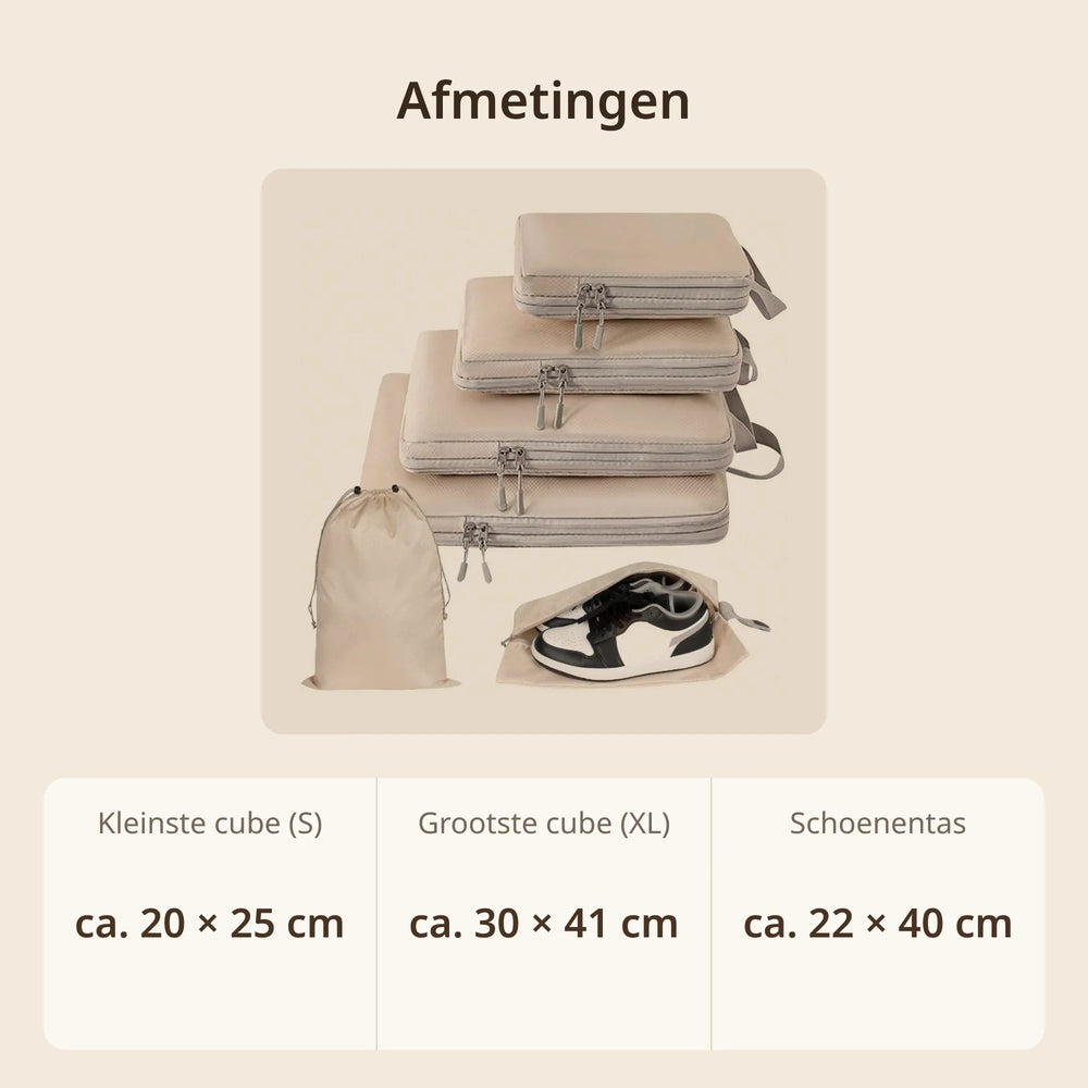 Afmetingen packing cubes set: cubes van ca. 20 × 25 cm tot ca. 30 × 41 cm en schoenentas van ca. 22 × 40 cm