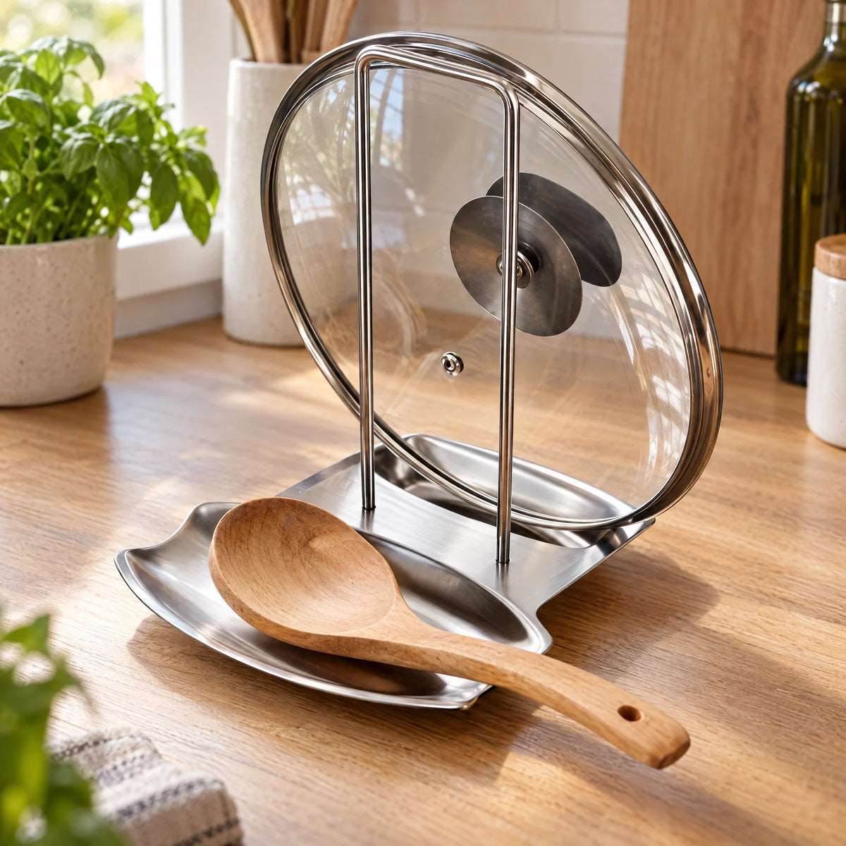 Pannendekselhouder van RVS met een glazen deksel en een houten lepel
