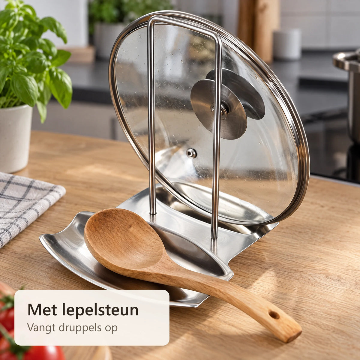 Close-up van de lepelsteun met een houten lepel
