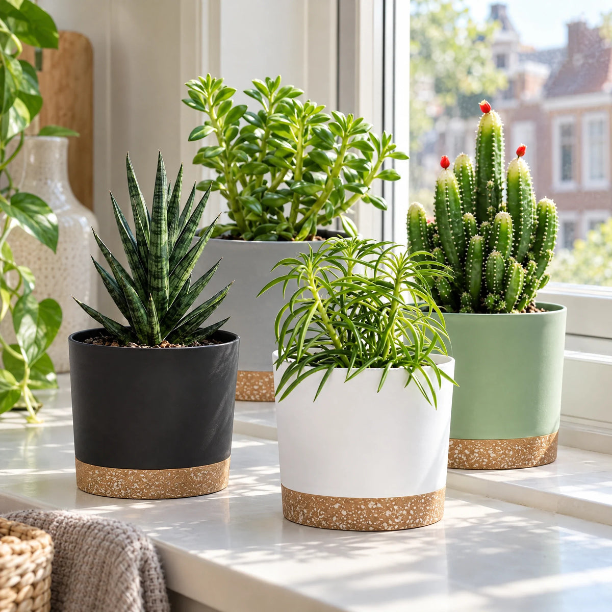 Vier plantenpotten met planten op een vensterbank