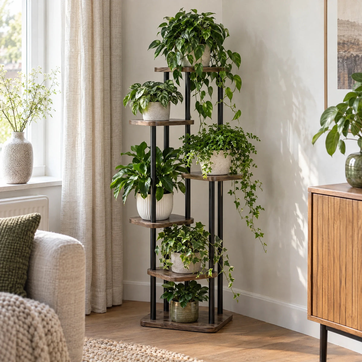 Zwarte plantenstandaard met 6 lagen en planten in een hoek van de woonkamer