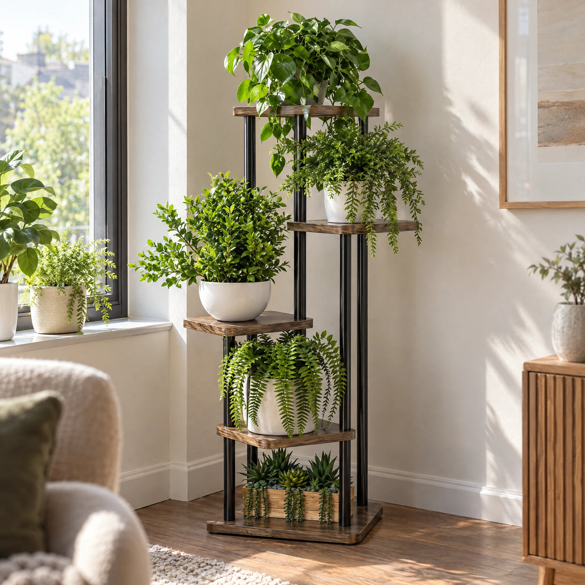 Plantenstandaard van hout en metaal – 5 of 6 lagen