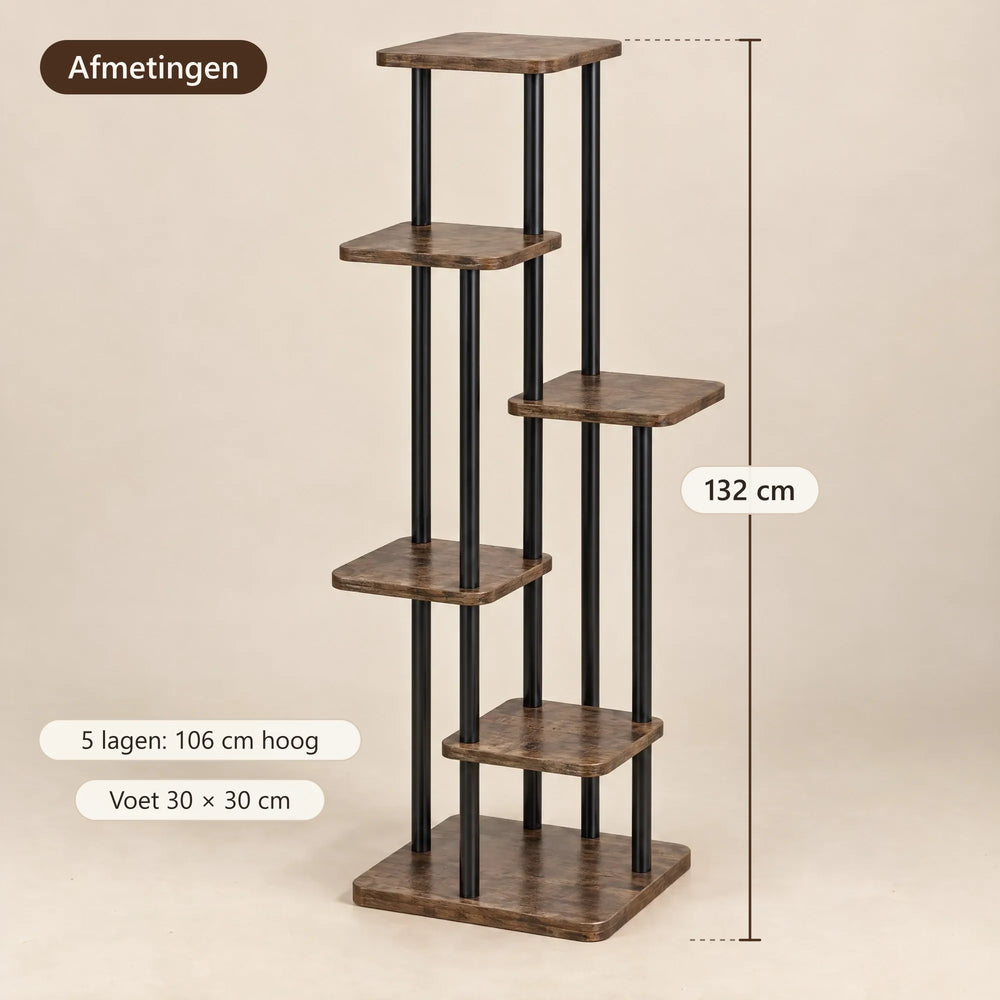 Afmetingen: 30 × 30 cm, 132 cm hoog (6 lagen) of 106 cm (5 lagen)