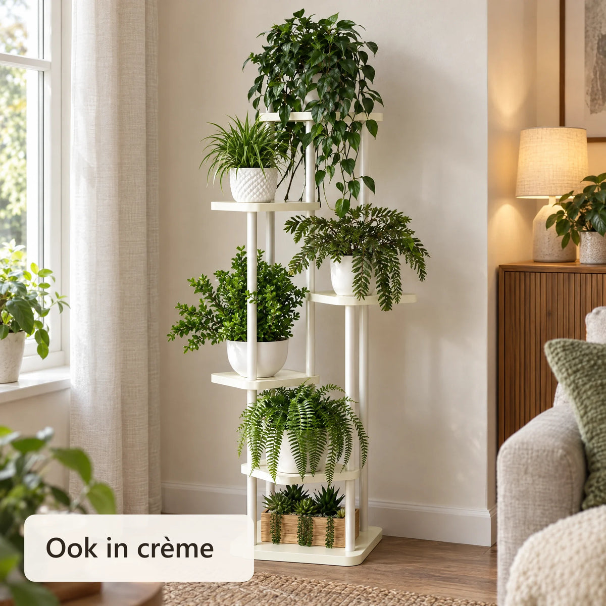 Crèmekleurige plantenstandaard met 6 lagen en planten