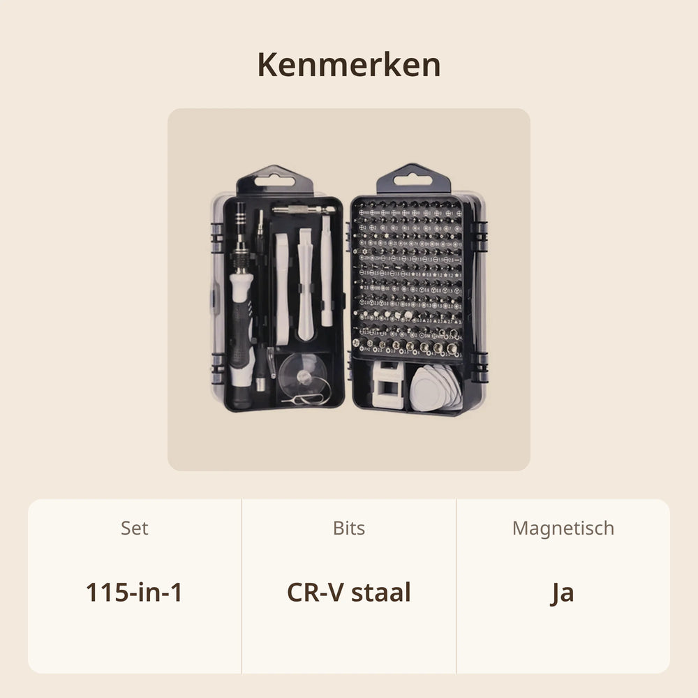 Kenmerken precisie schroevendraaierset in zwarte case met witte hulpstukken: 115-in-1, bits van CR-V staal, magnetisch