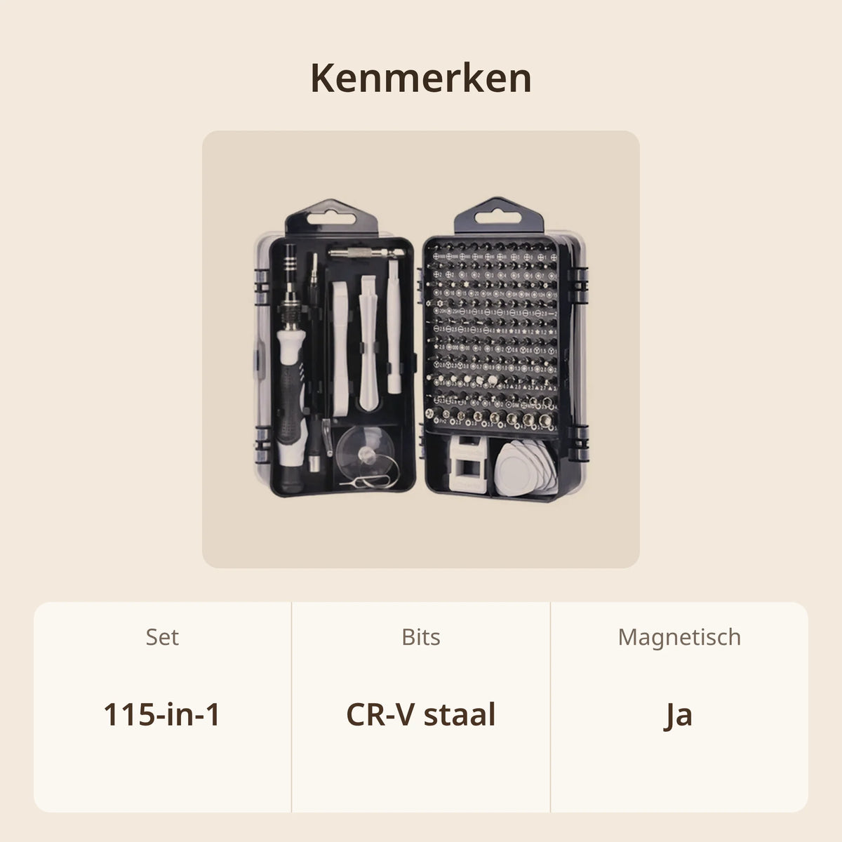 Kenmerken precisie schroevendraaierset in zwarte case met witte hulpstukken: 115-in-1, bits van CR-V staal, magnetisch