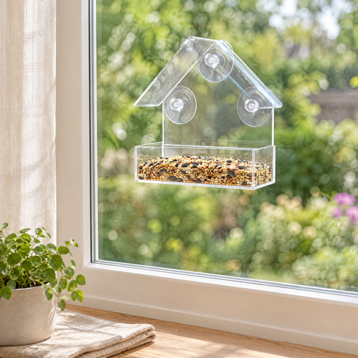 Transparant raamvoederhuisje van acryl hangt met drie zuignappen op een raam, de voerbak is gevuld met vogelzaad