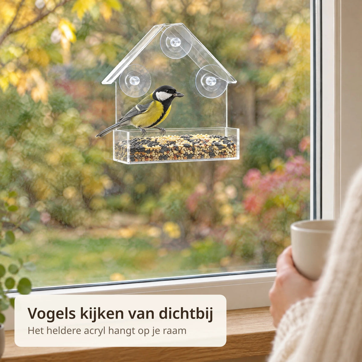 Koolmees eet uit het transparante raamvoederhuisje terwijl iemand binnen met een mok toekijkt