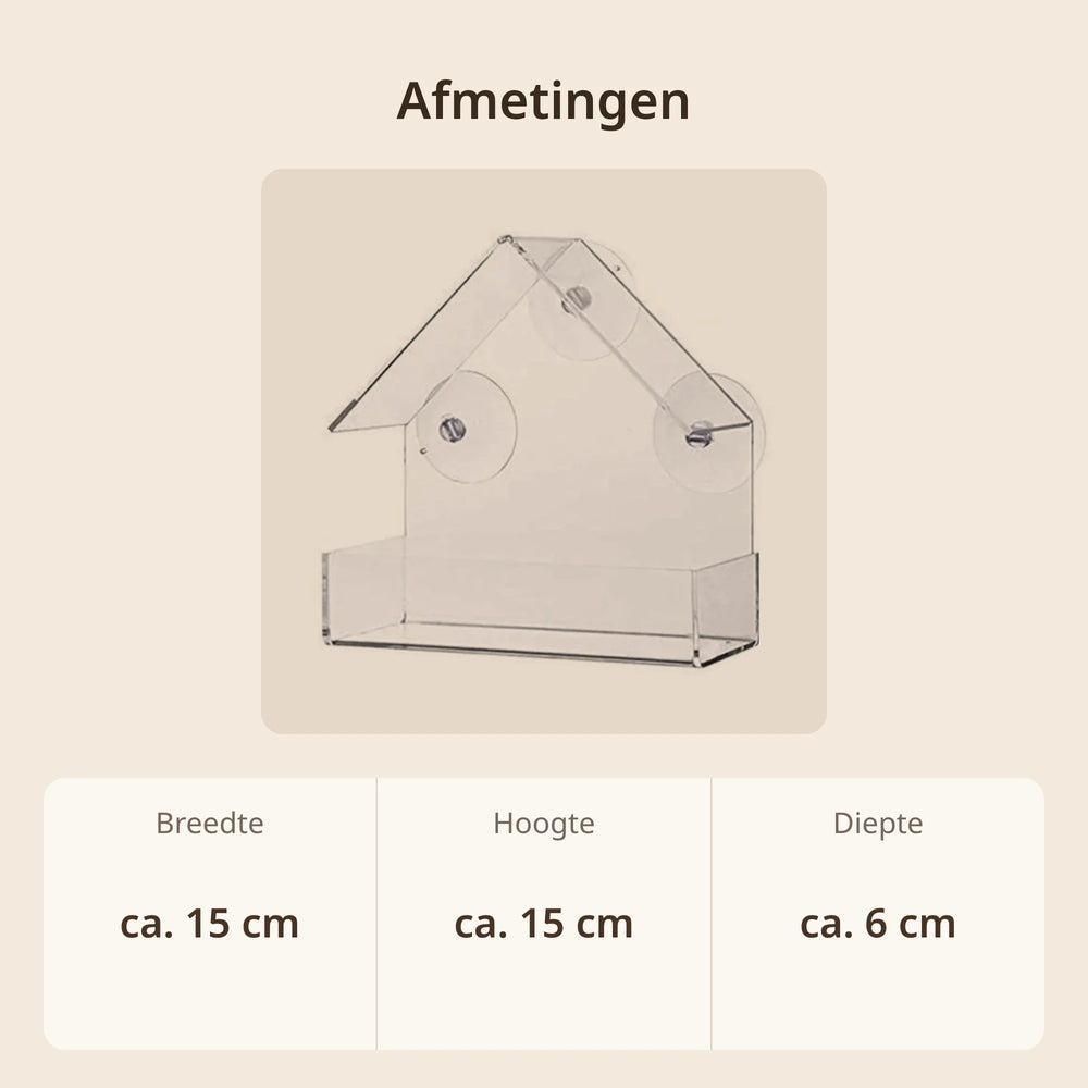 Afmetingen raamvoederhuisje van acryl: ca. 15 cm breed, ca. 15 cm hoog en ca. 6 cm diep