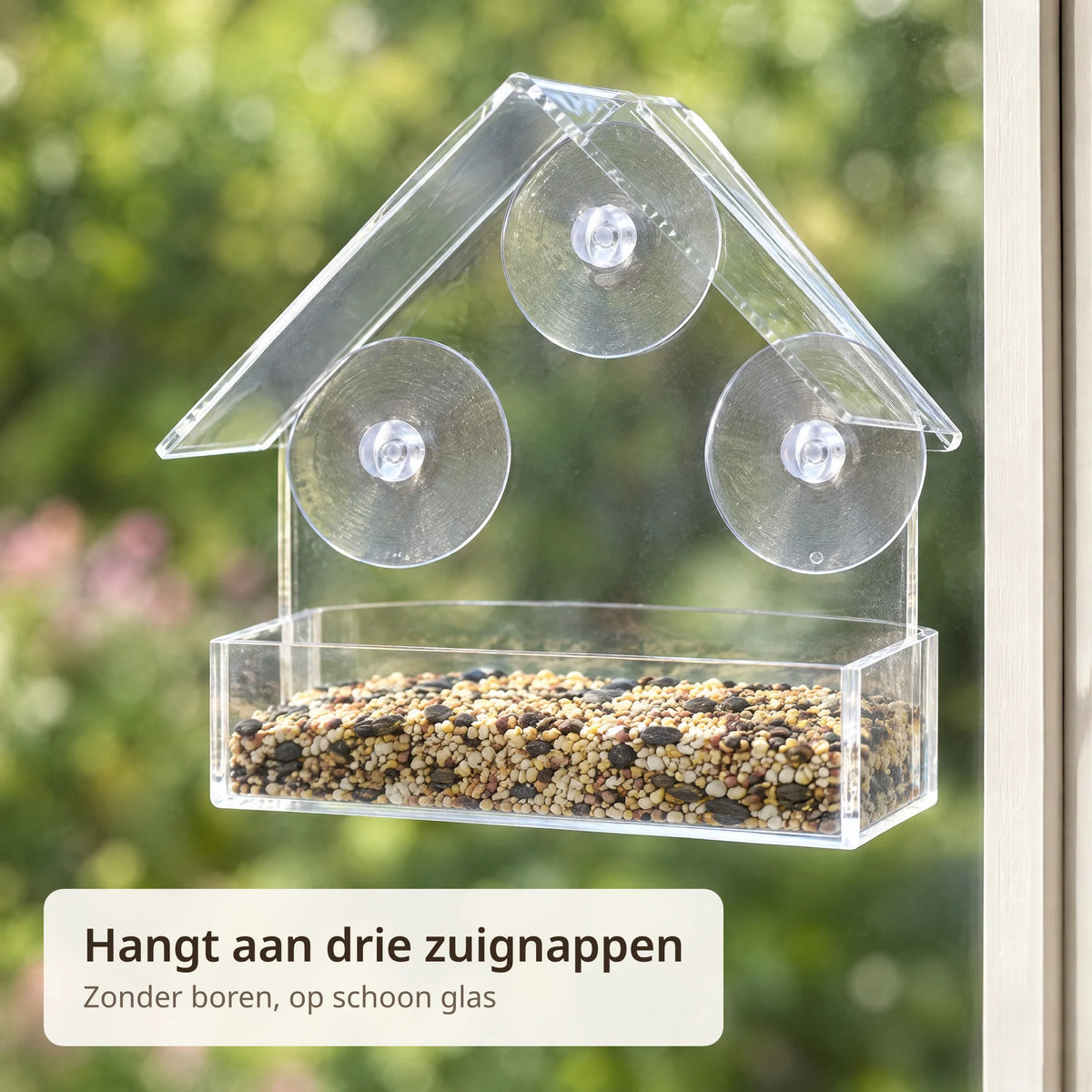 Close-up van de drie zuignappen waarmee het acryl raamvoederhuisje op het glas hangt