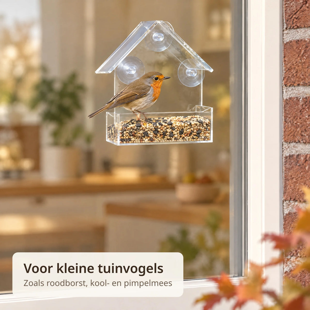 Roodborst zit op de rand van het transparante raamvoederhuisje op een keukenraam