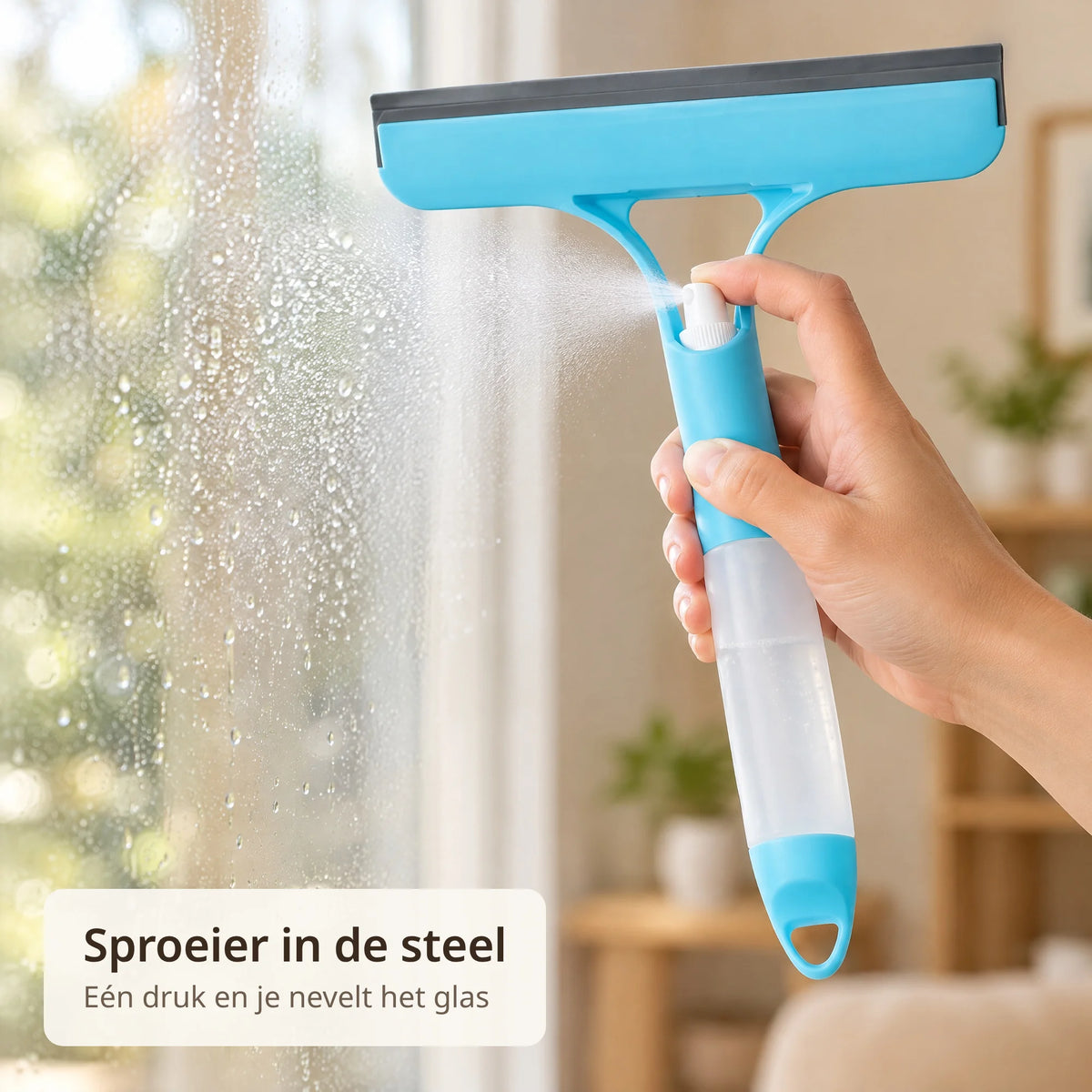 Vinger drukt op de sproeier in de steel van de raamwisser en nevelt water op het glas