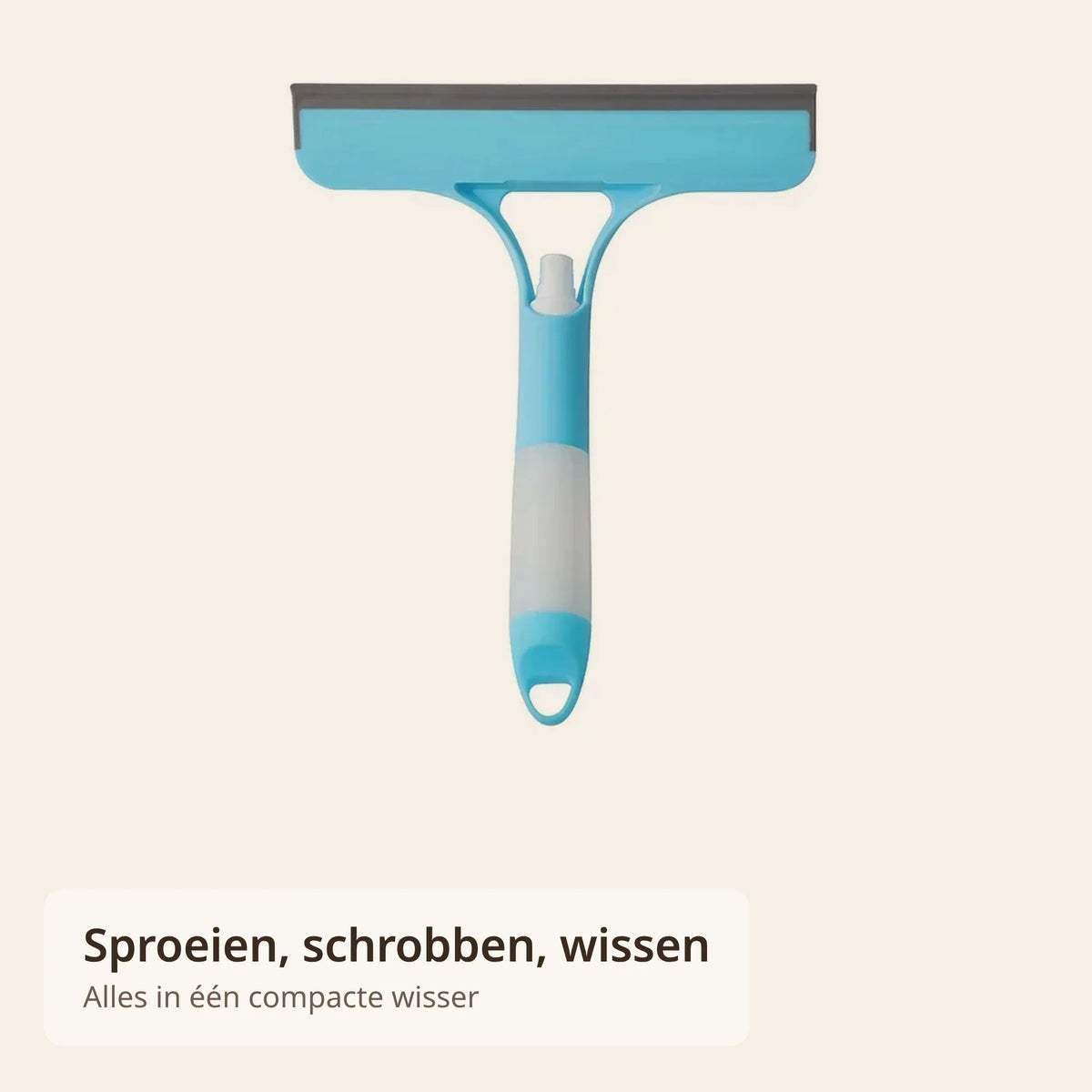 Blauwe 3-in-1 raamwisser met grijze wisserlip, witte sproeier en doorzichtig flesje in de steel