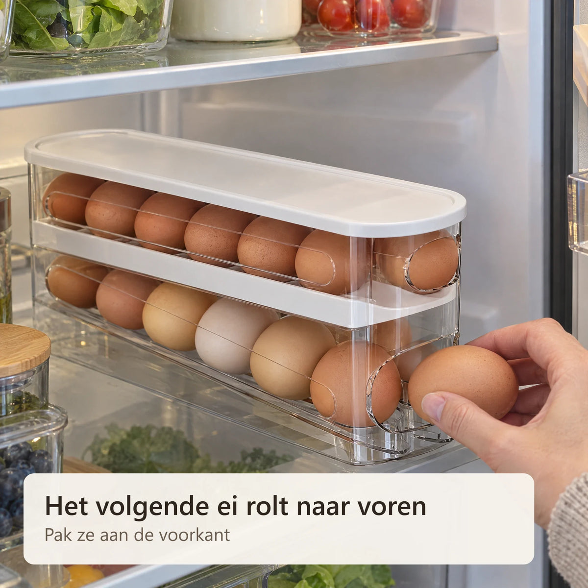 Een ei wordt aan de voorkant uit de eierbox gepakt