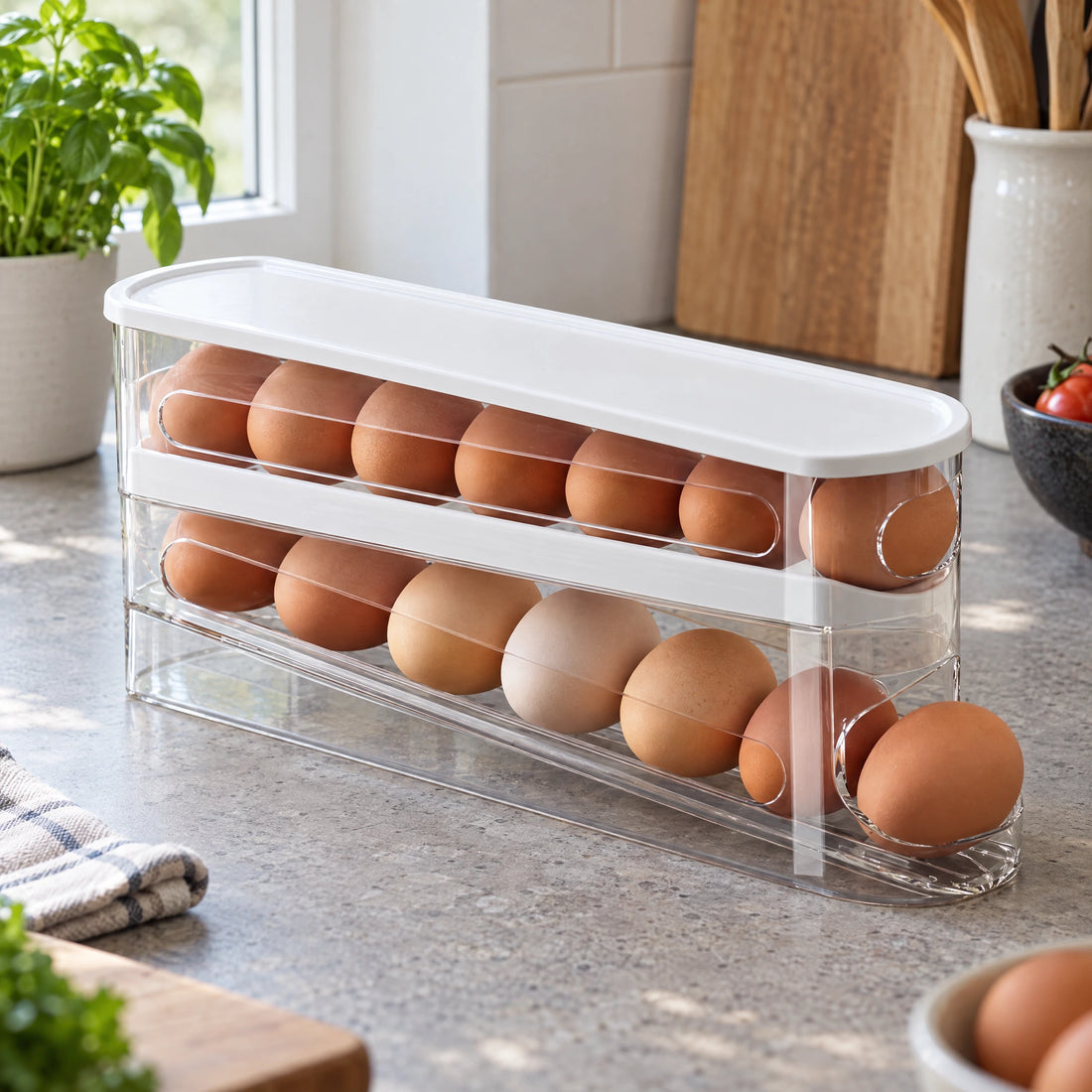 Rollende eierbox voor de koelkast