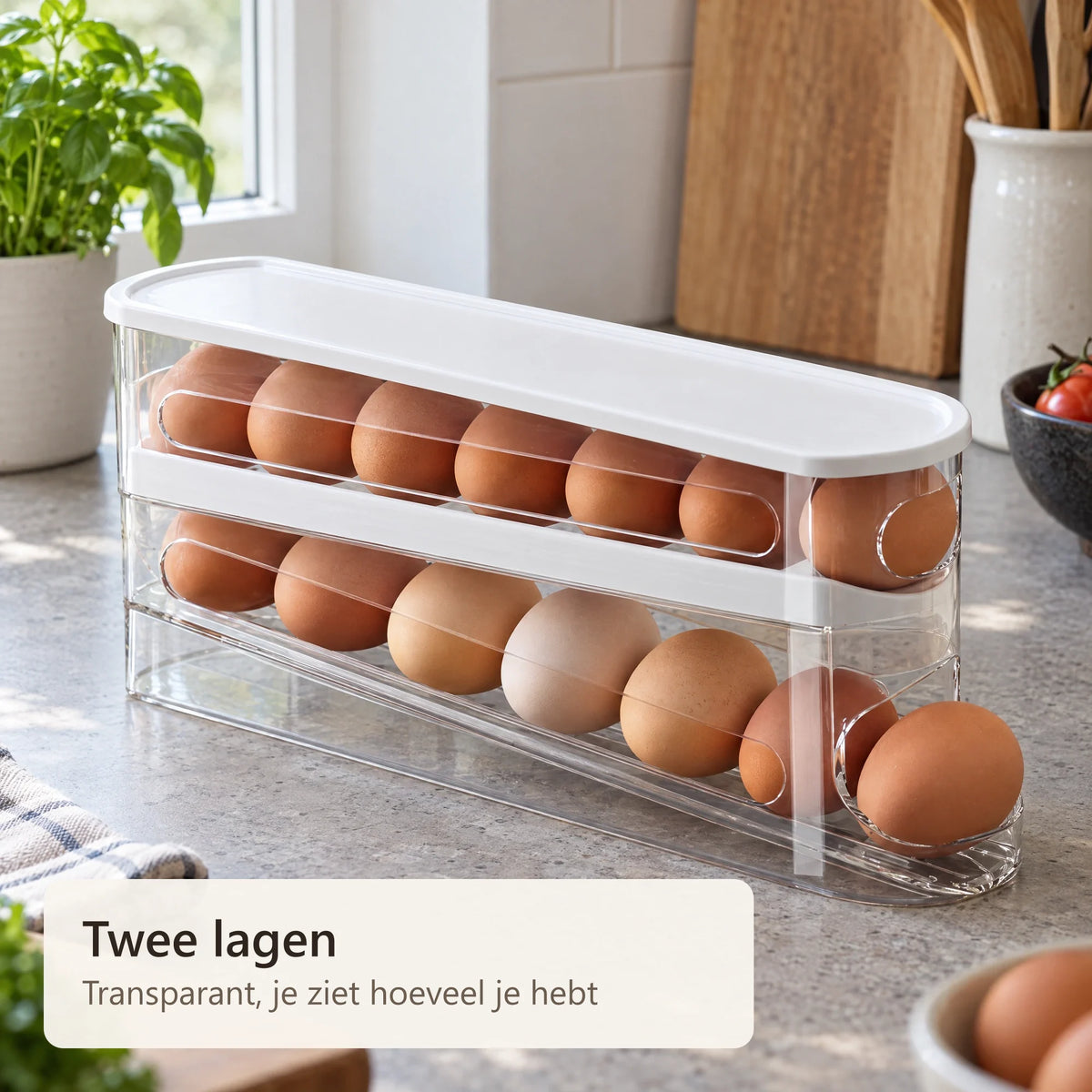 Zijkant van de eierbox met twee rijen eieren