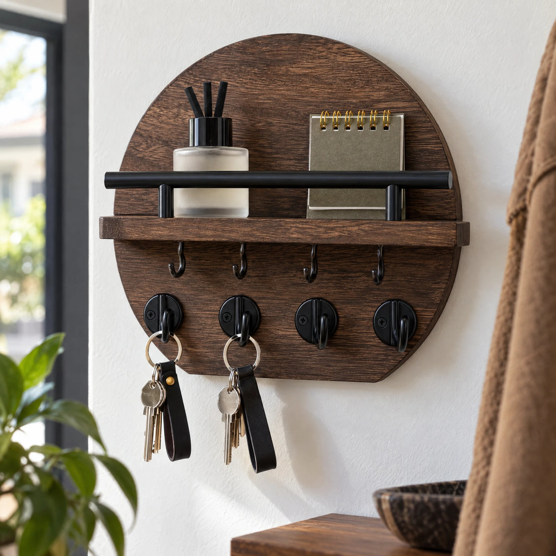 Rond houten sleutelrek met plankje