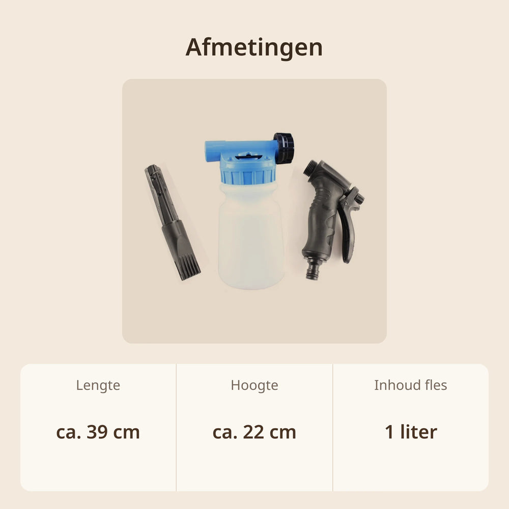 Afmetingen schuimpistool tuinslang: ca. 39 cm lang, ca. 22 cm hoog, fles van 1 liter