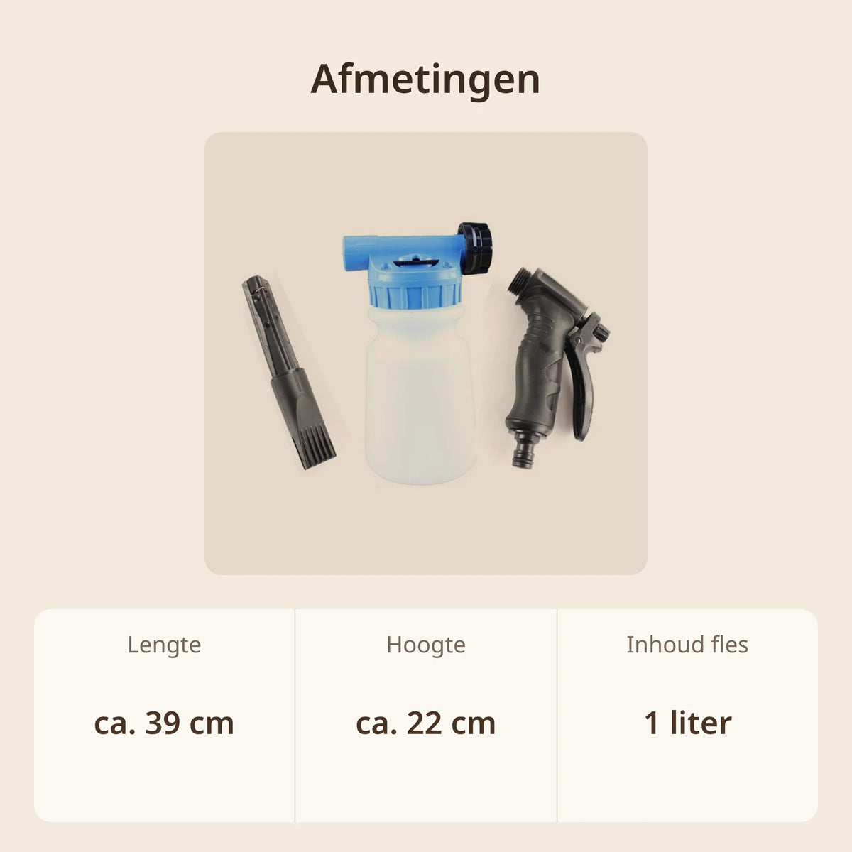 Afmetingen schuimpistool tuinslang: ca. 39 cm lang, ca. 22 cm hoog, fles van 1 liter