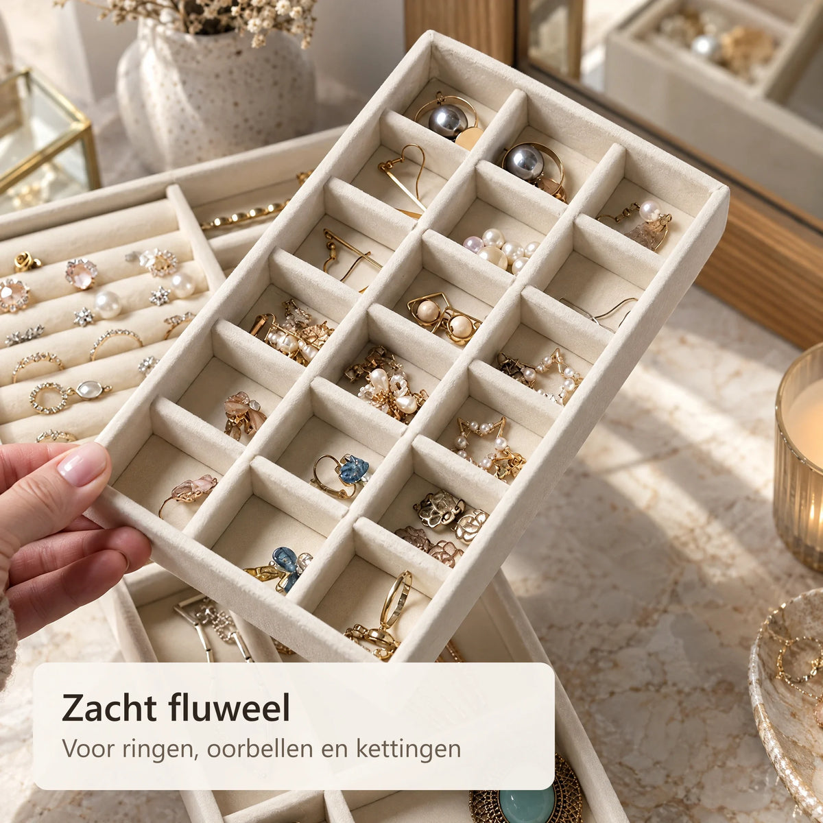 Close-up van oorbellen en ringen in de fluwelen vakjes