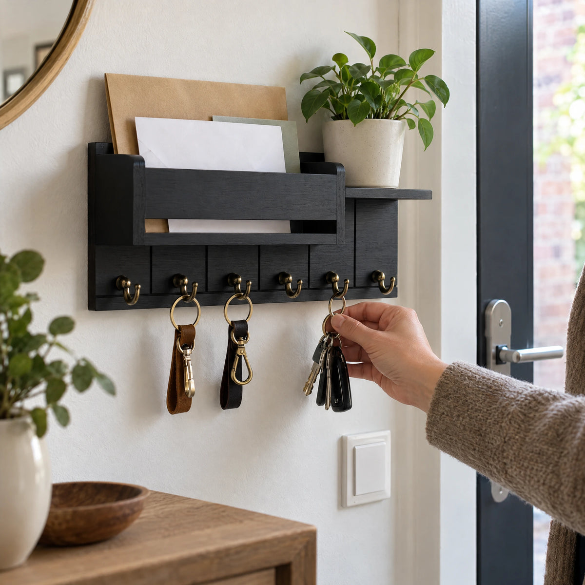 Houten sleutelrek met postvak en plankje