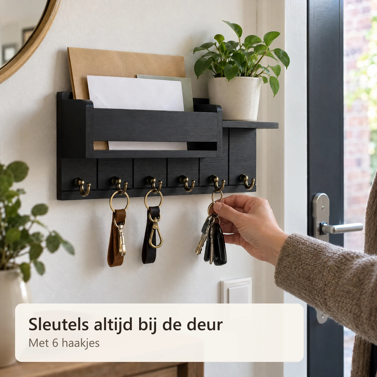 Sleutels worden aan het sleutelrek bij de voordeur gehangen