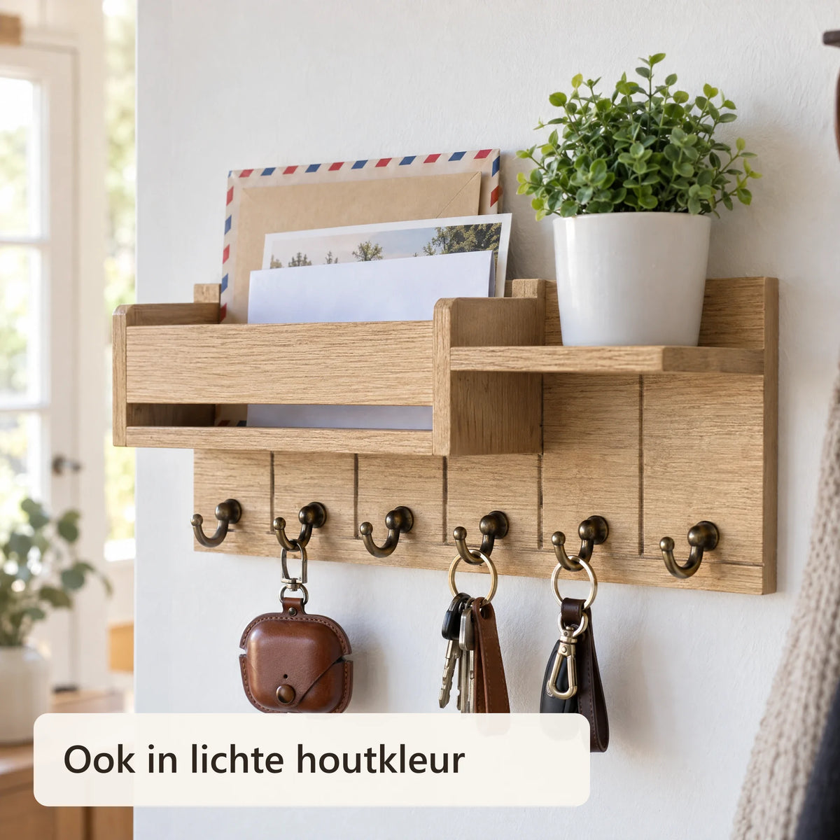 Sleutelrek in lichte houtkleur met sleutels en post