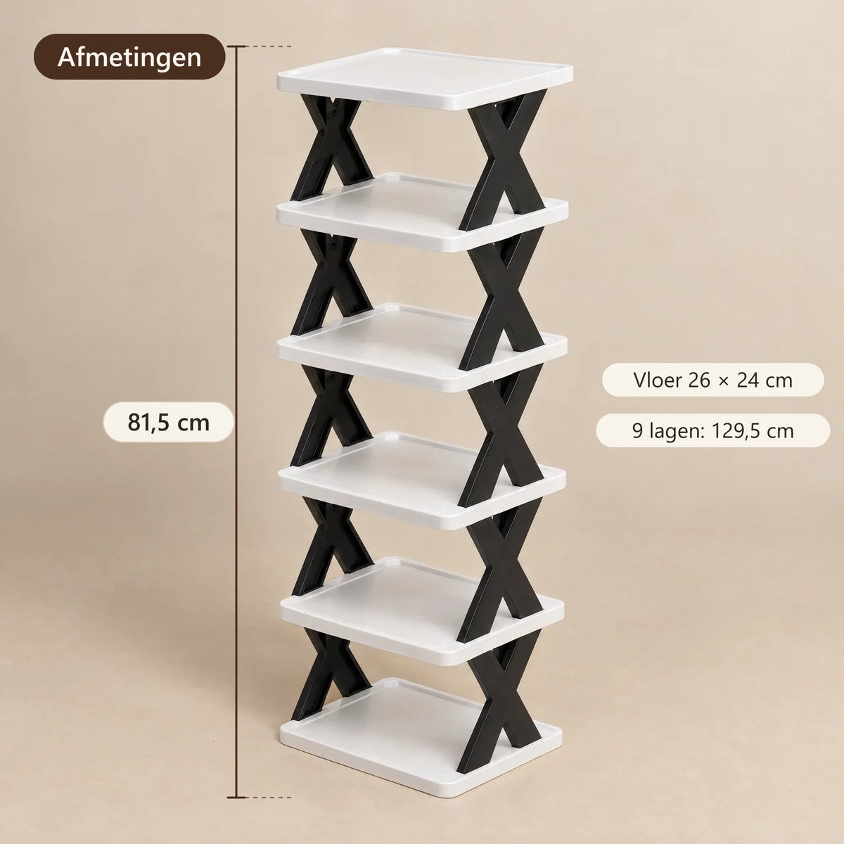 Afmetingen van het schoenenrek: 26 × 24 cm, 81,5 cm hoog