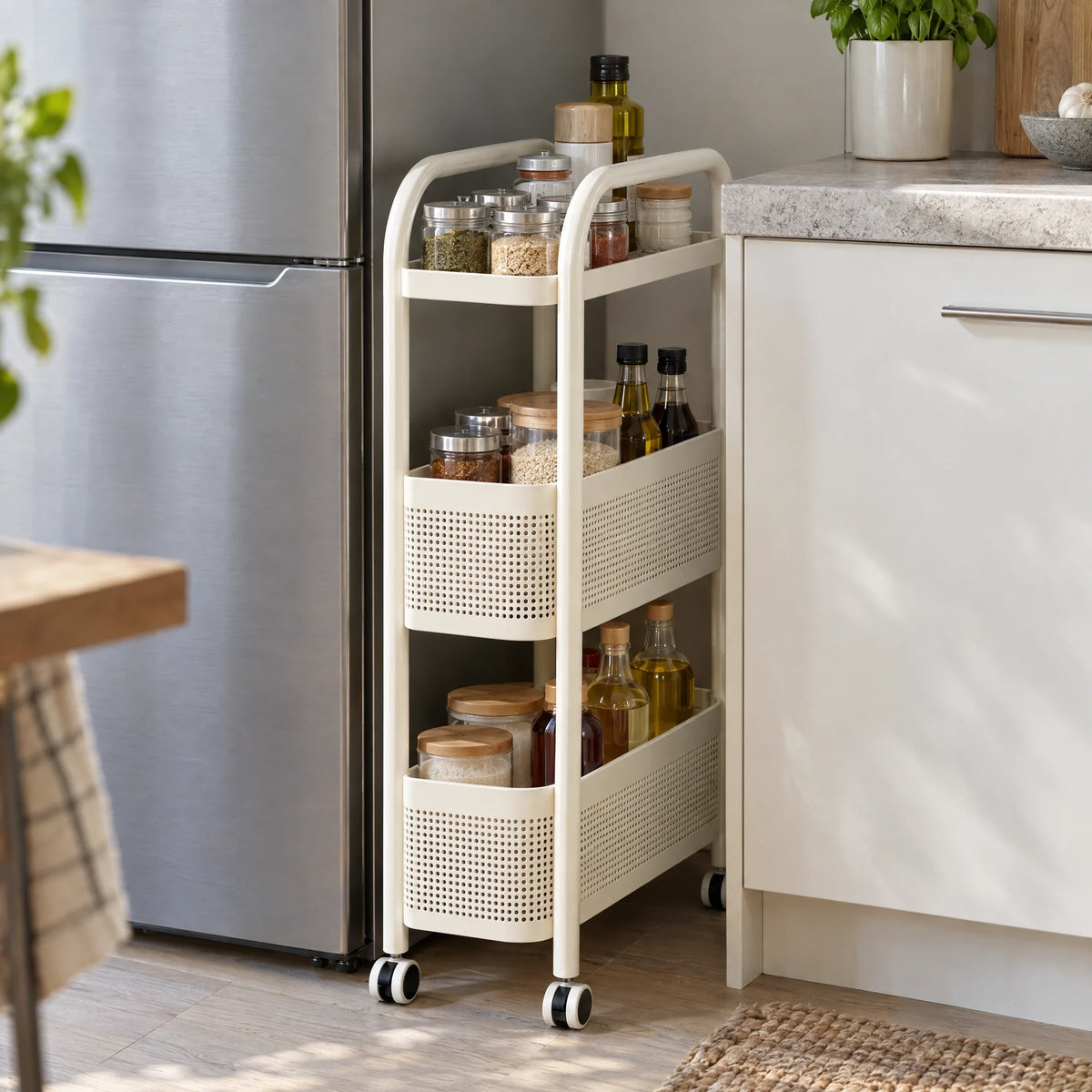 Smalle crèmekleurige trolley tussen de koelkast en het keukenkastje