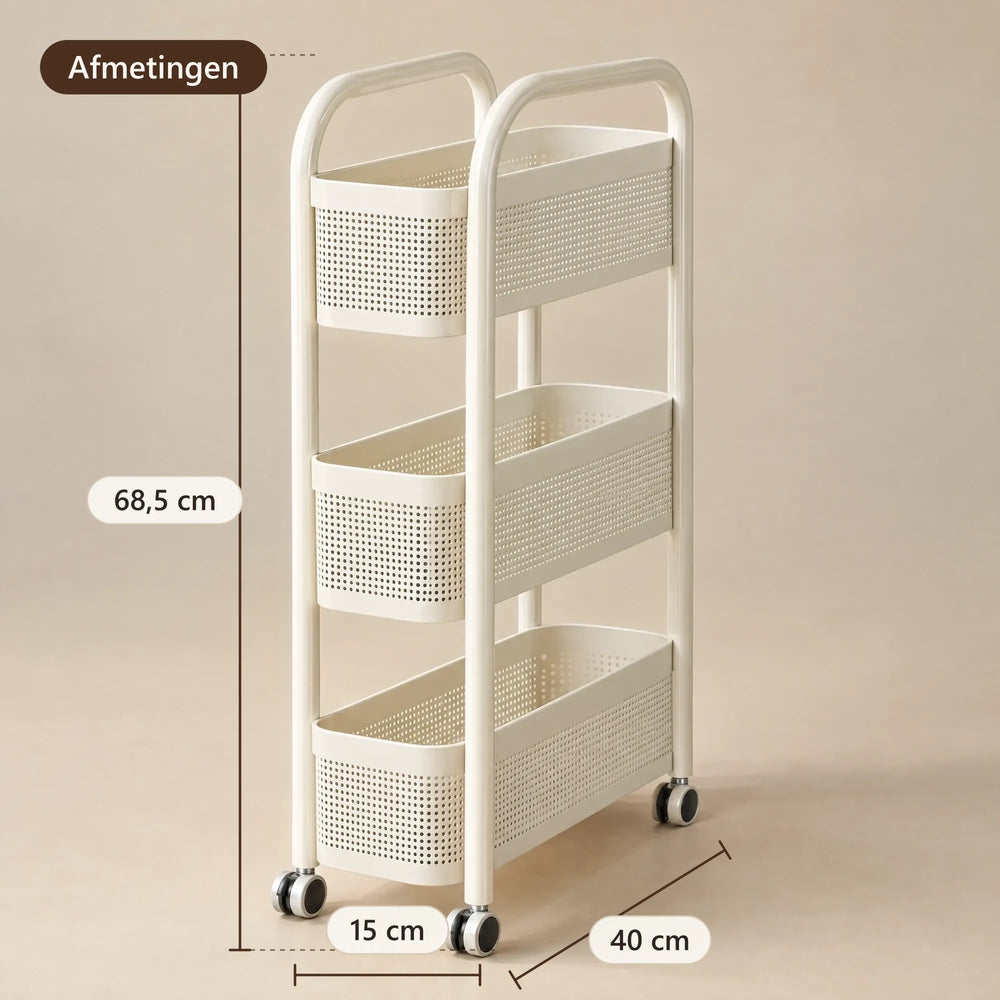 Afmetingen van de trolley: 15 cm breed, 40 cm diep, 68,5 cm hoog