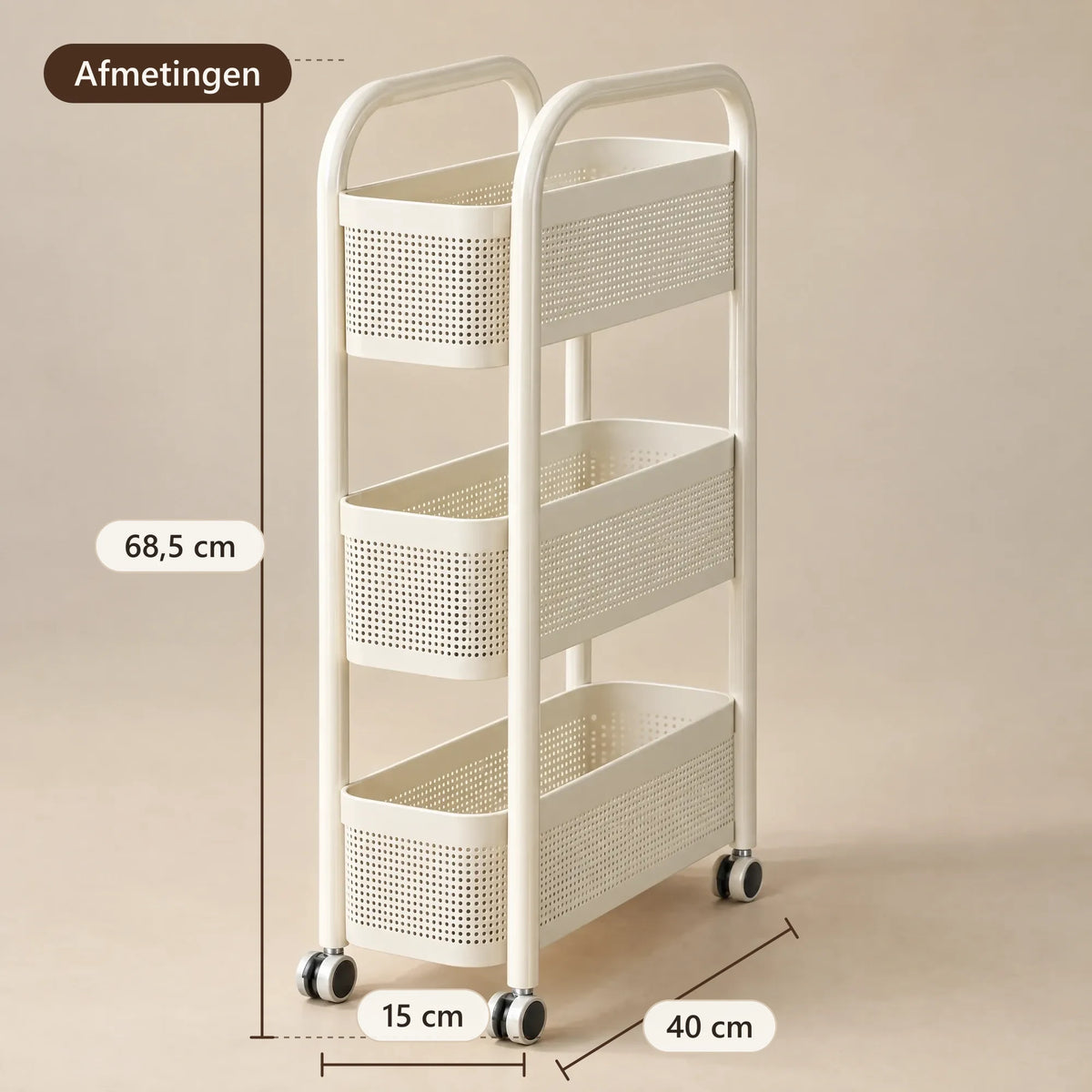 Afmetingen van de trolley: 15 cm breed, 40 cm diep, 68,5 cm hoog