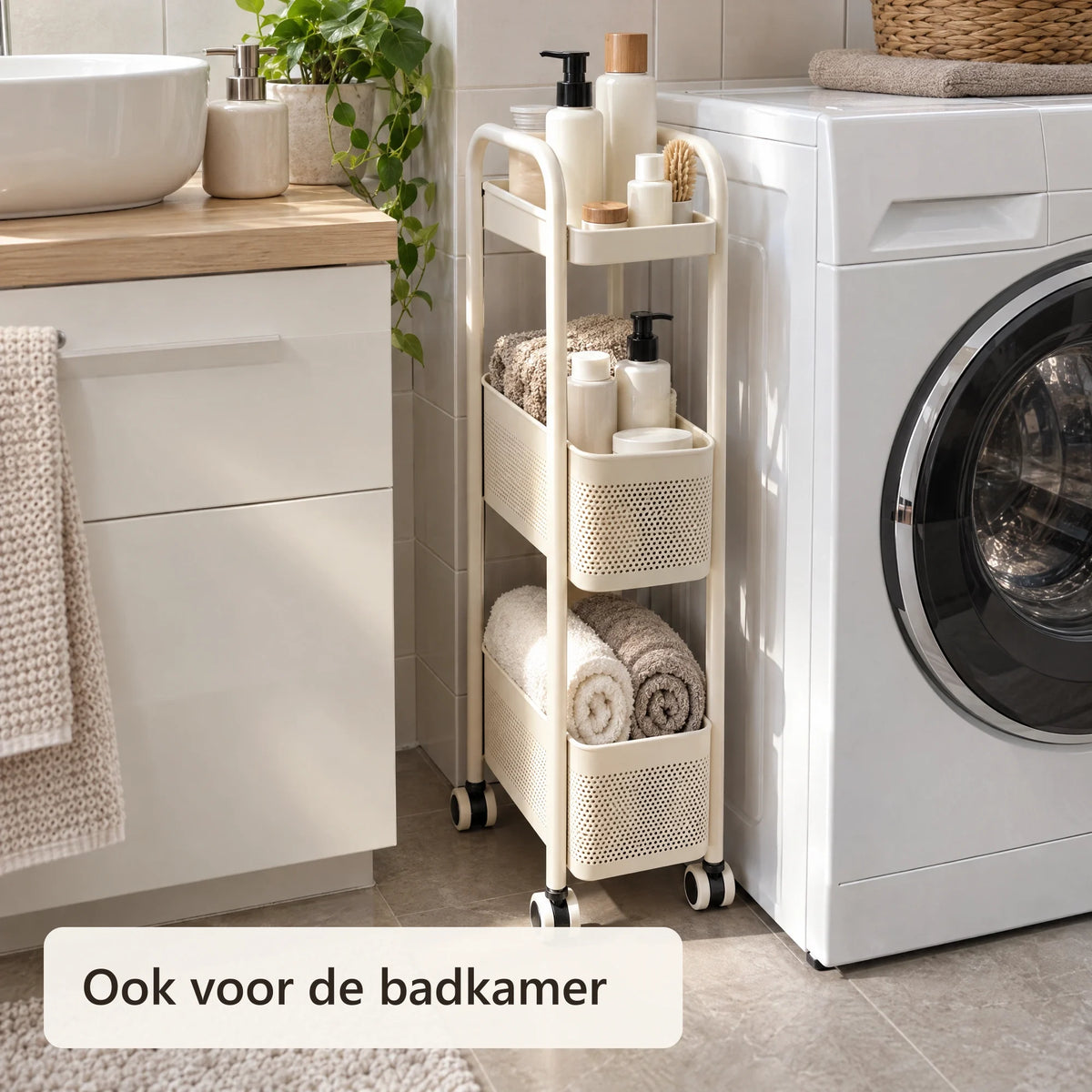Trolley naast de wasmachine in de badkamer