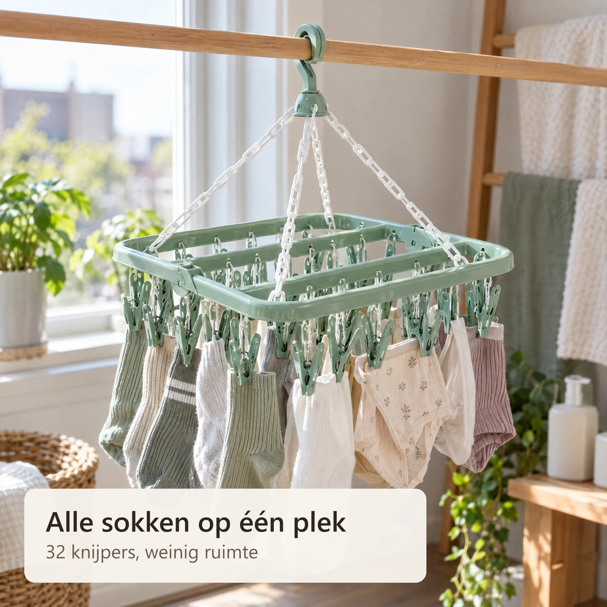 Sokken en ondergoed drogen aan de sokkendroger bij het raam