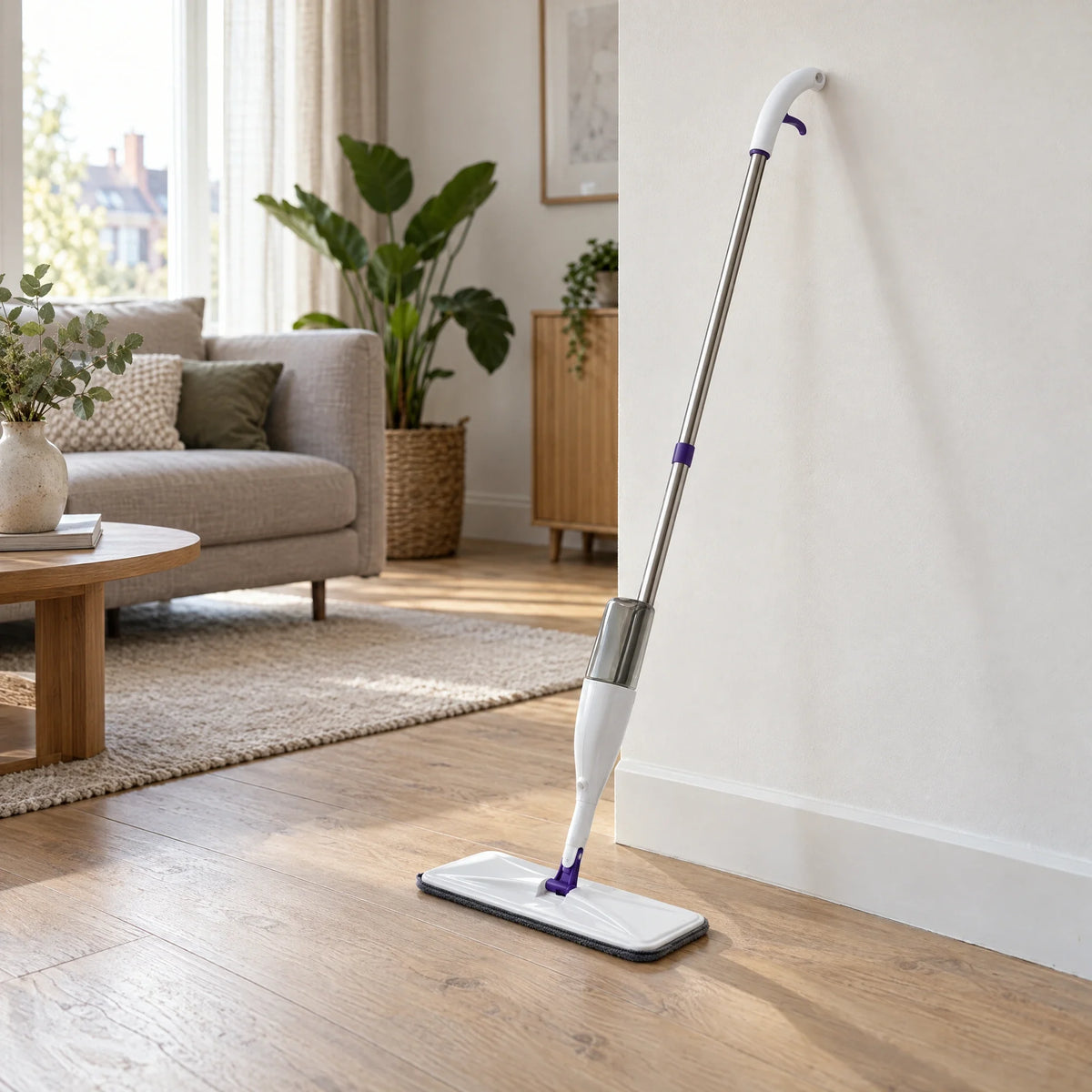 Witte spraymop met RVS-steel tegen een muur op een houten vloer