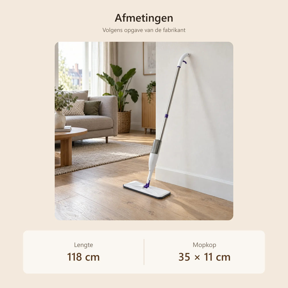 Afmetingen van de spraymop: 118 cm lang, mopkop 35 × 11 cm