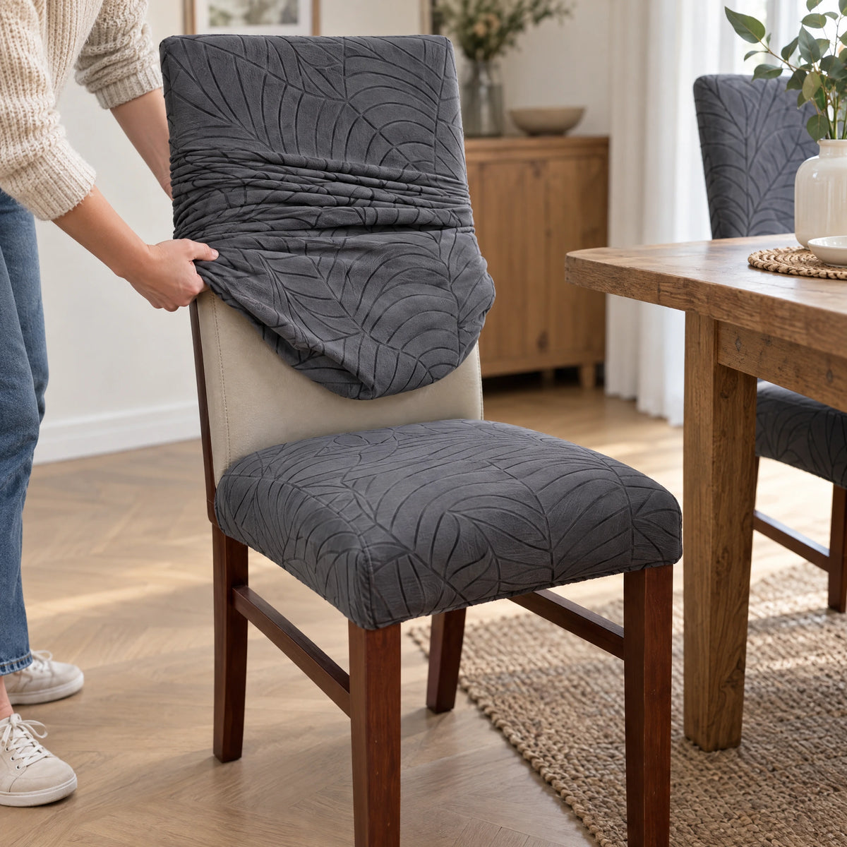 Stretch stoelhoezen met bladpatroon