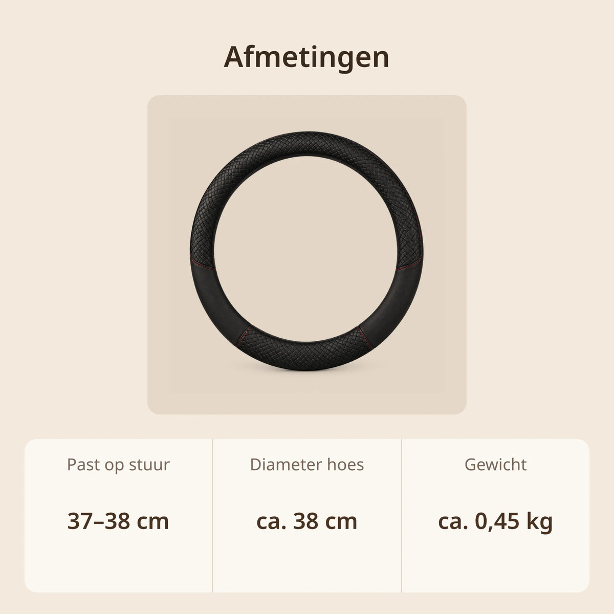 Afmetingen stuurhoes: past op sturen van 37–38 cm, diameter ca. 38 cm, gewicht ca. 0,45 kg