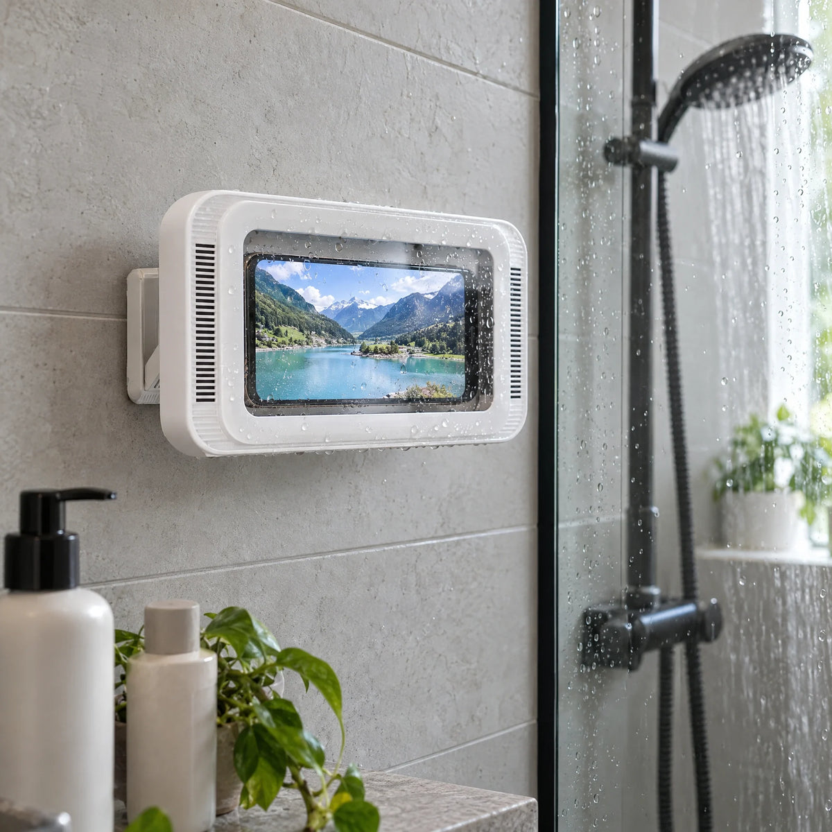 Witte telefoonhouder met telefoon op de tegels naast de douche