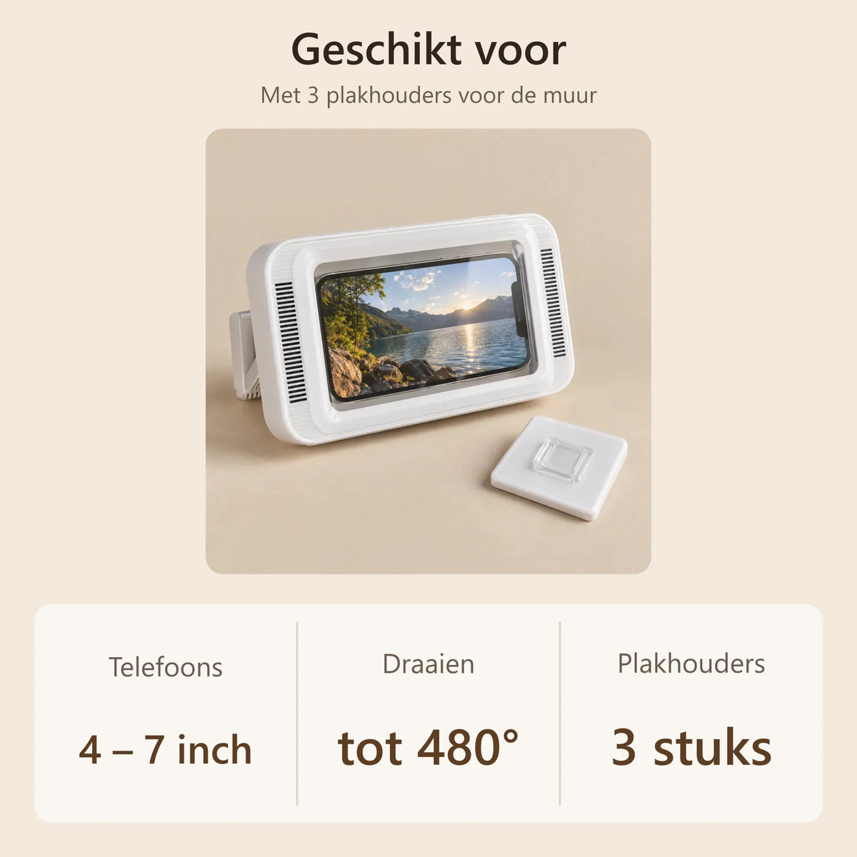 Geschikt voor telefoons van 4 tot 7 inch, draaibaar, met 3 plakhouders
