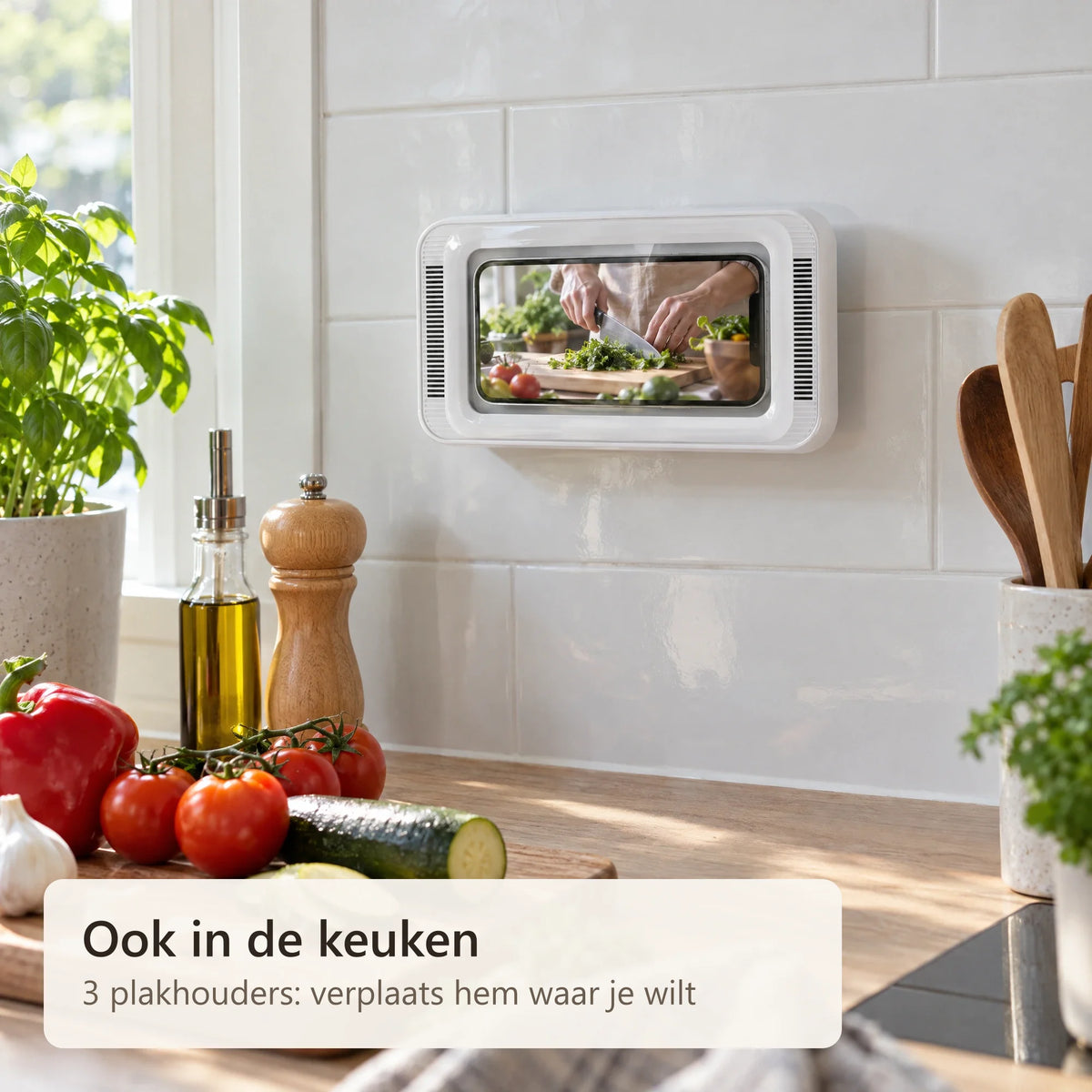 De houder op de tegels in de keuken met een kookvideo