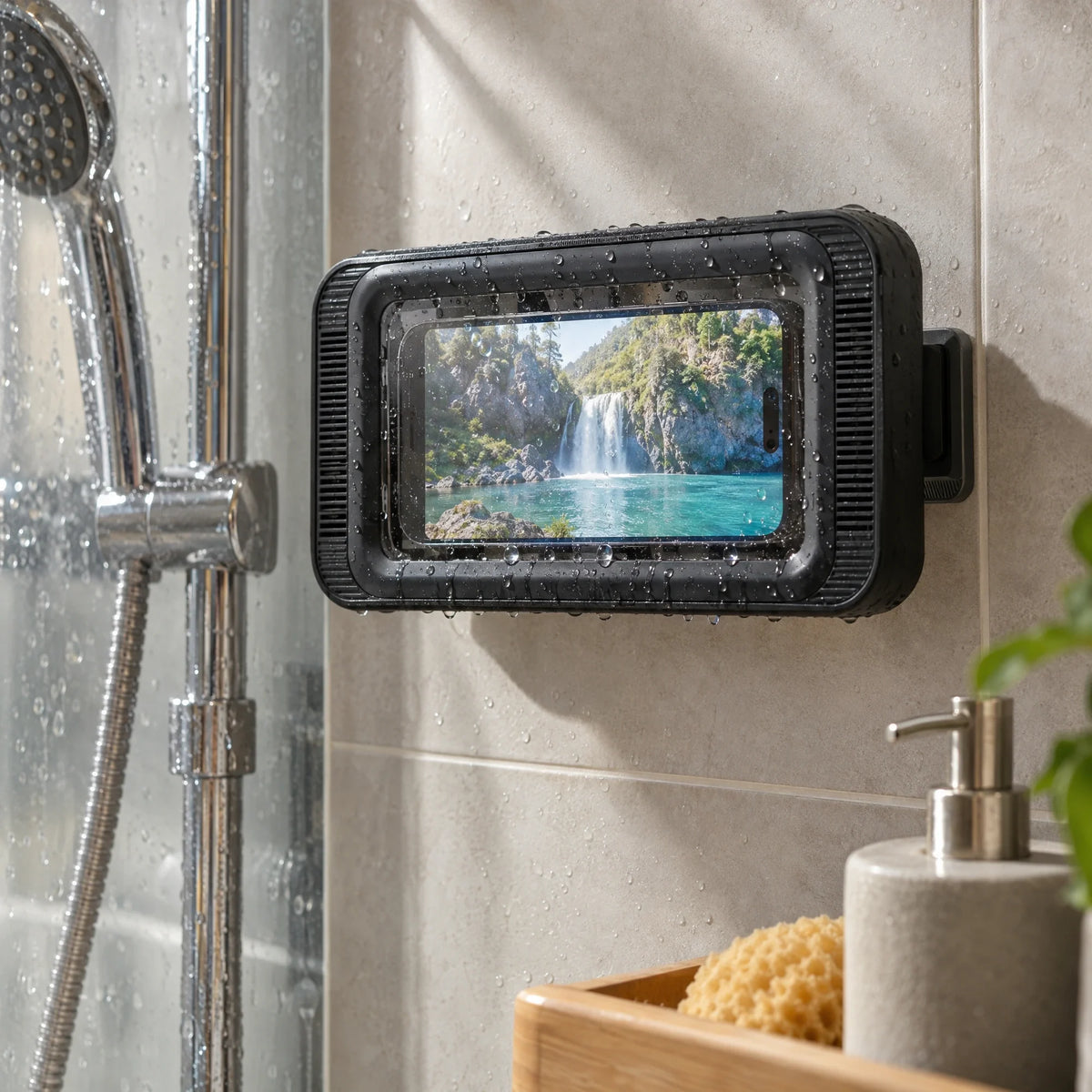 Zwarte telefoonhouder op de tegels naast de douche