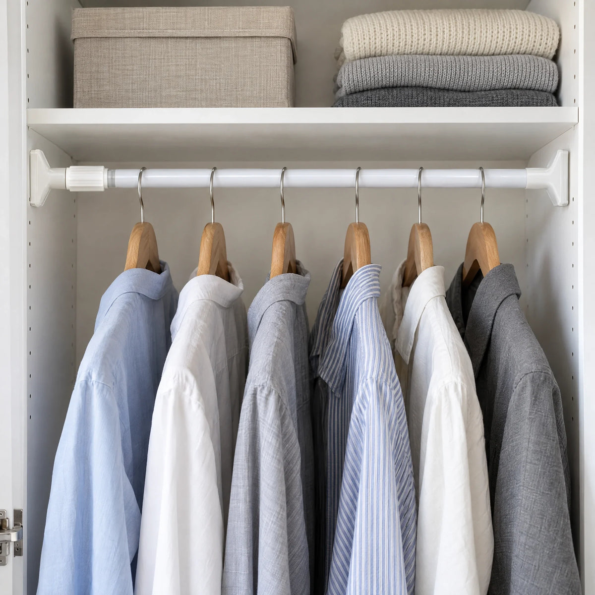 Witte klemstang in een kastnis met kleerhangers en overhemden