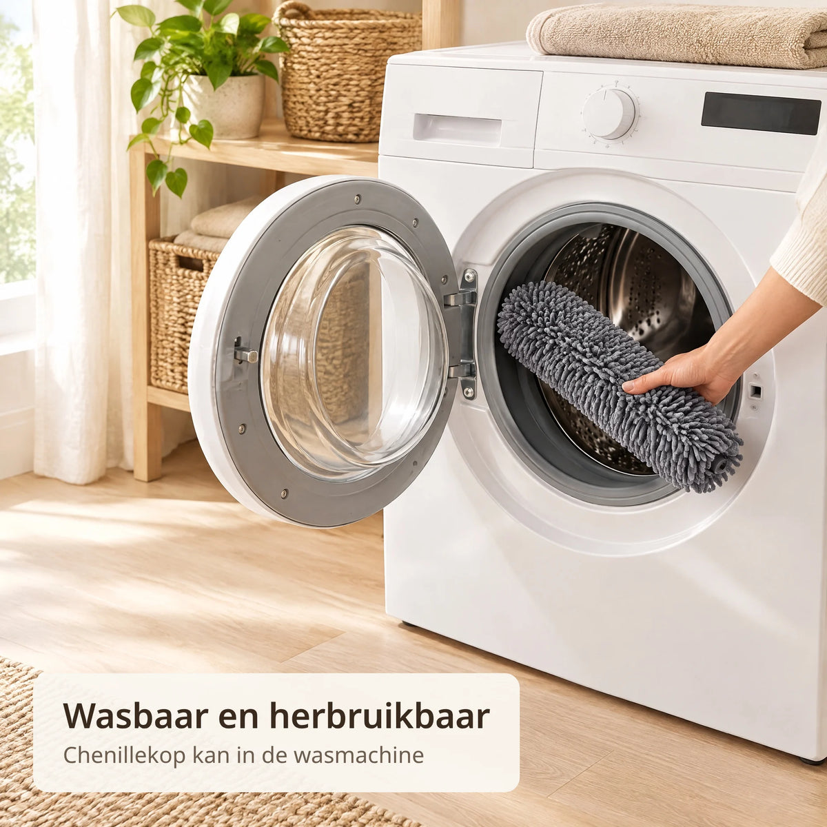 Hand legt de grijze chenillekop van de plumeau in een witte wasmachine