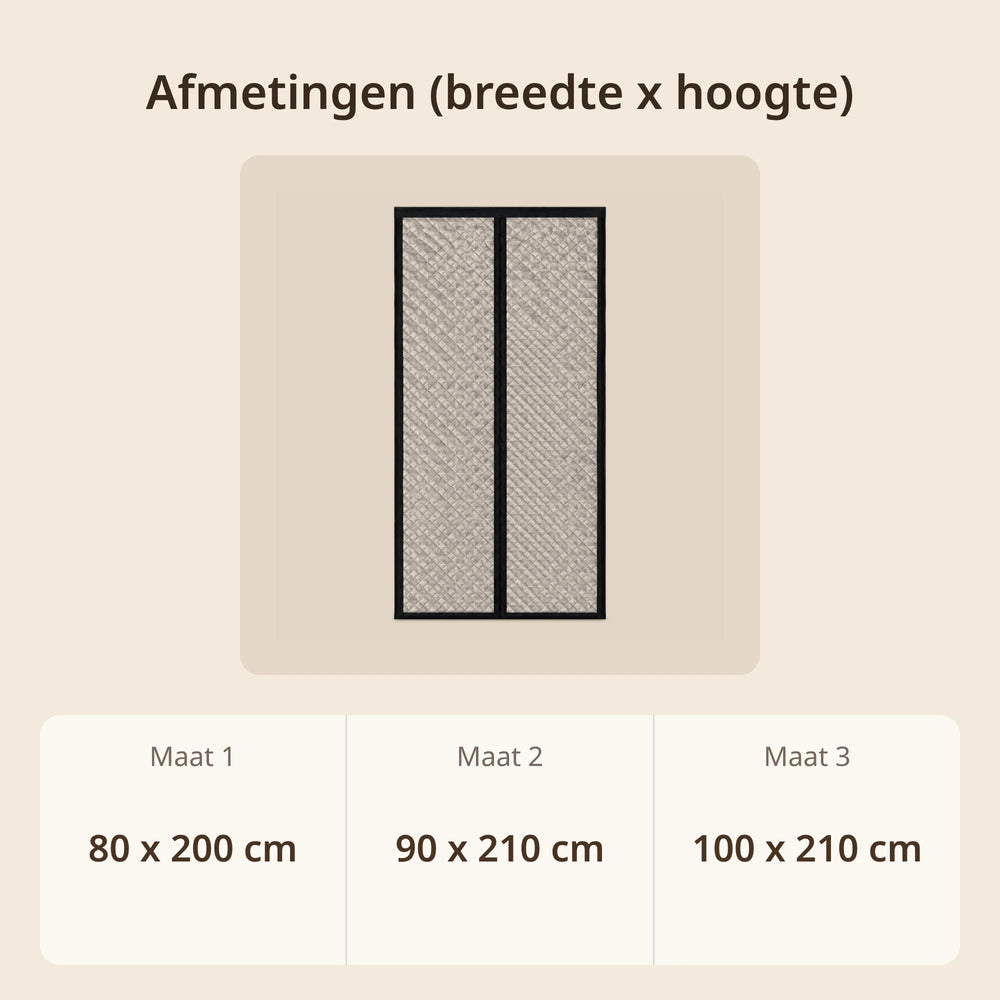 Afmetingen thermisch deurgordijn: 80 x 200 cm, 90 x 210 cm en 100 x 210 cm