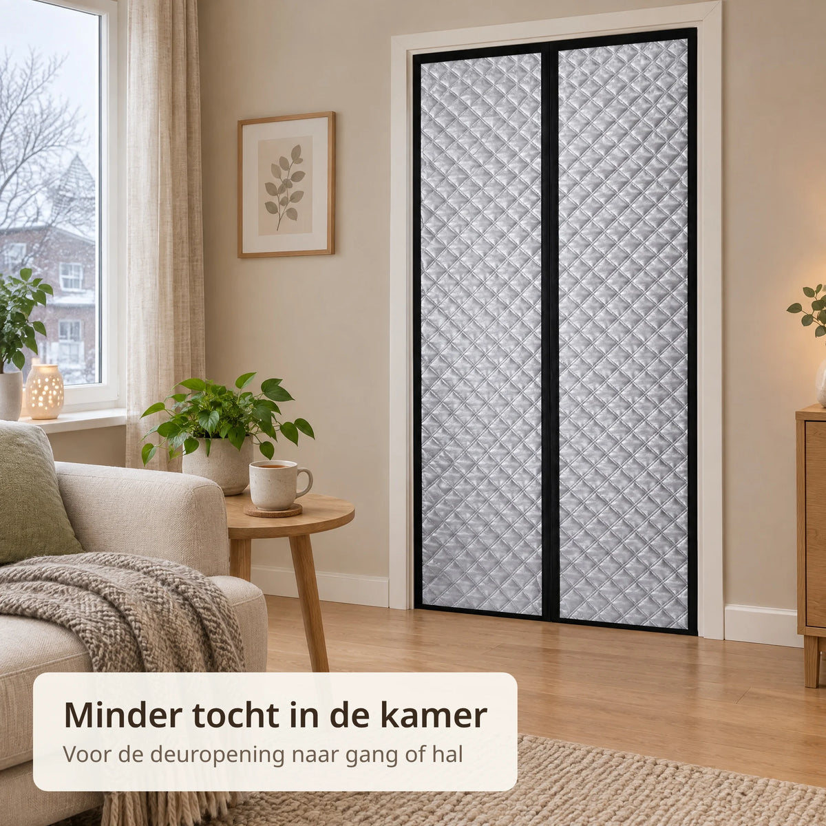 Thermisch deurgordijn in de deuropening van een woonkamer met fauteuil, plaid en plant