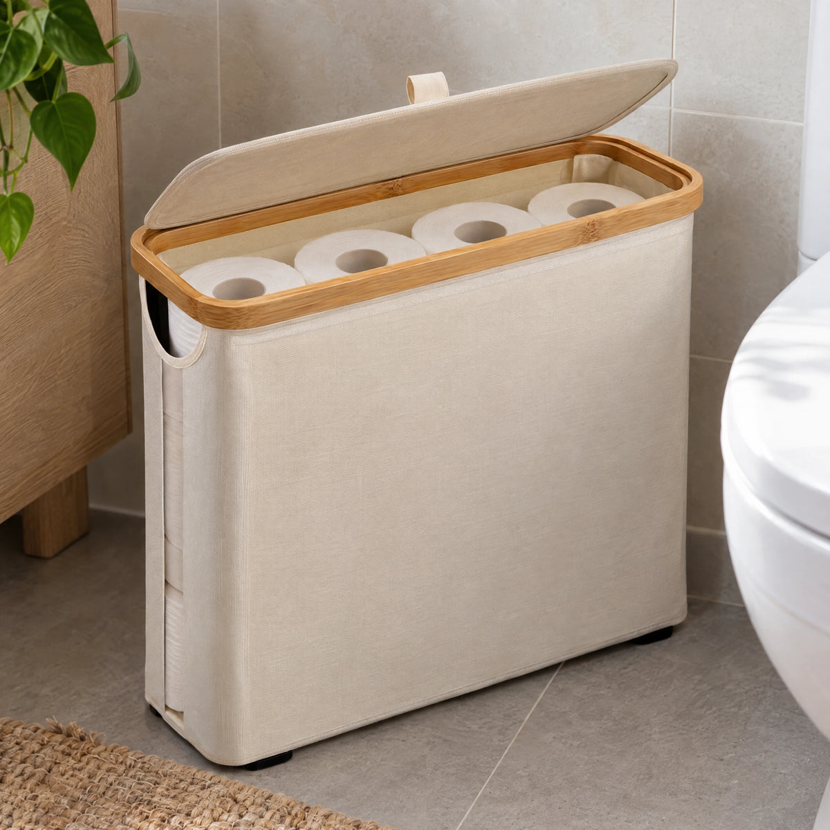 Opbergbox voor toiletrollen met bamboe rand