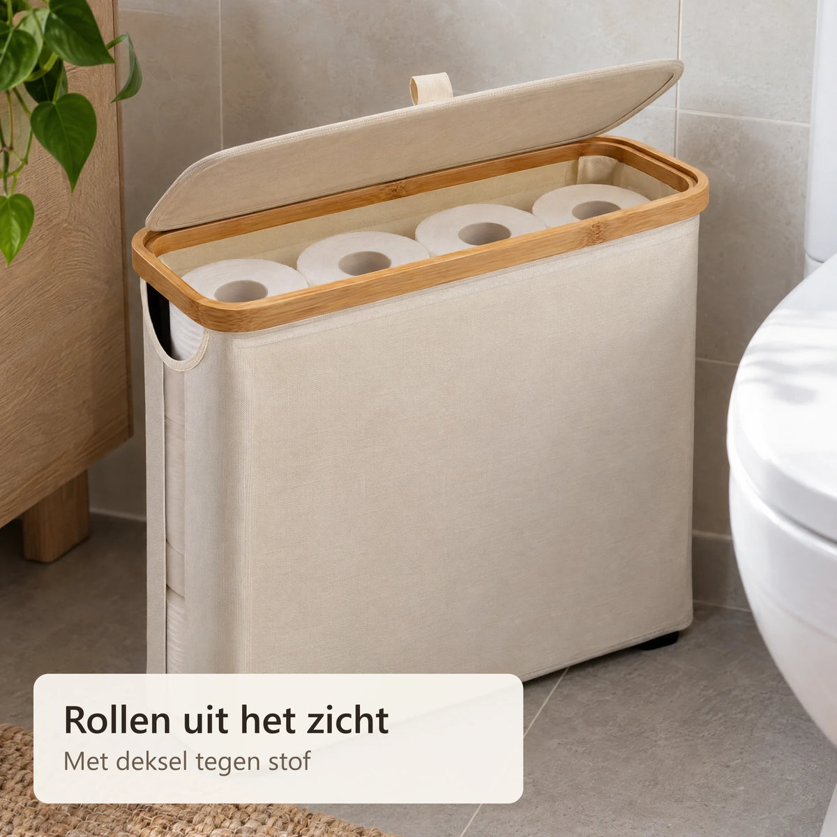 Geopende opbergbox met vier toiletrollen